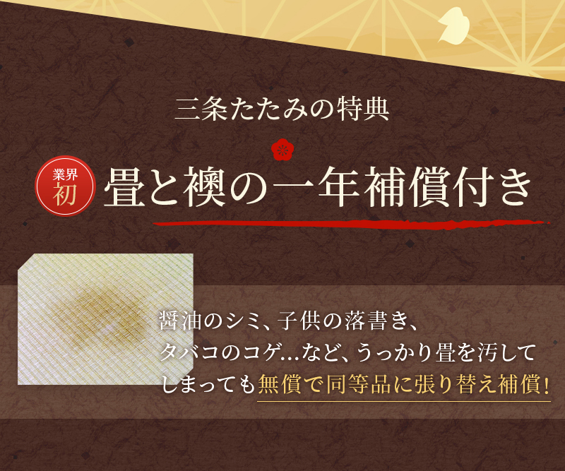 三条たたみの特典 業界初 畳と襖の一年補償付き 醤油のシミ、子供の落書き、タバコのコゲ…など、うっかり畳を汚してしまっても無償で同等品に張り替え補償!